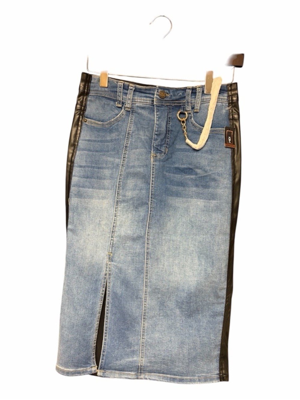 Blue Denim Pencil Skirt with Faux Leather Back & Side Panels - Picture 2 of 5